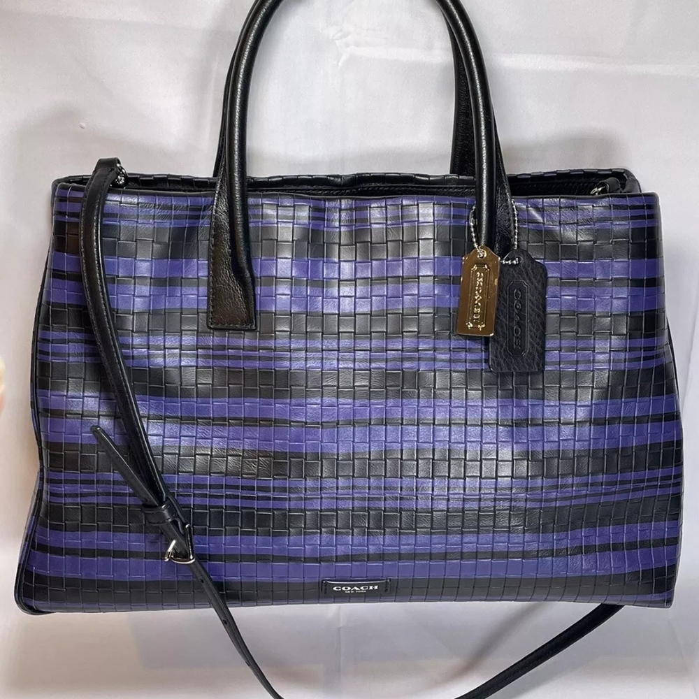 Coach Bleecker Riley Embossed Woven Leather Carryall Black and Purple